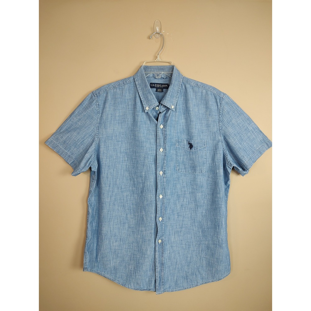 US Polo Assn Mens Short Sleeve Button Down Shirt Light Blue Chambray Large
